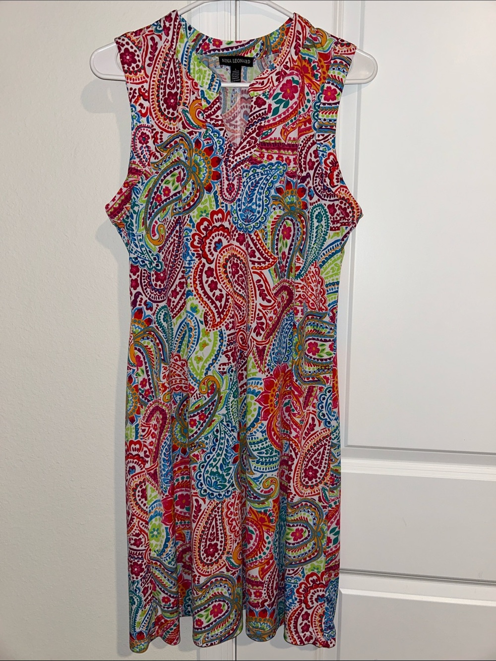 Nina Leonard Red Multicolor Paisley Sleeveless Mini Dress